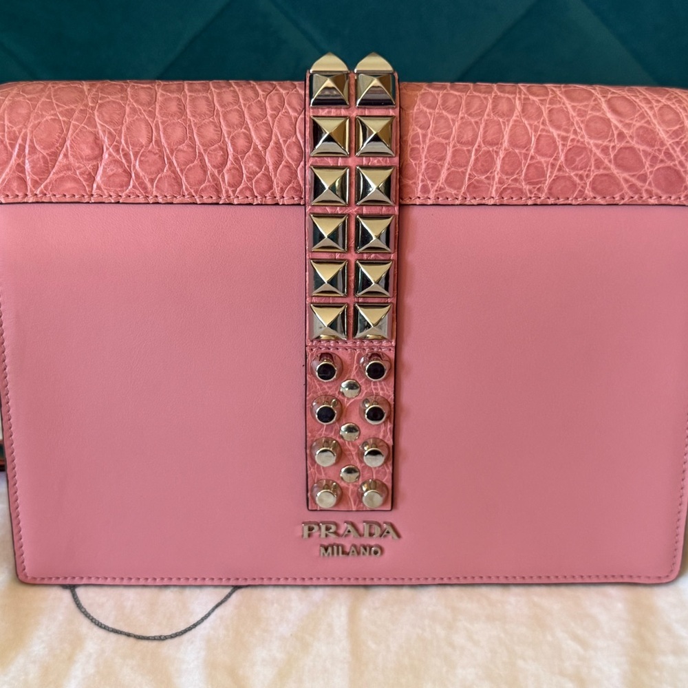 Prada Elektra 1BD120 Pink Studded Flap Shoulder Bag City Calf + Croc Trim - Picture 4 of 15